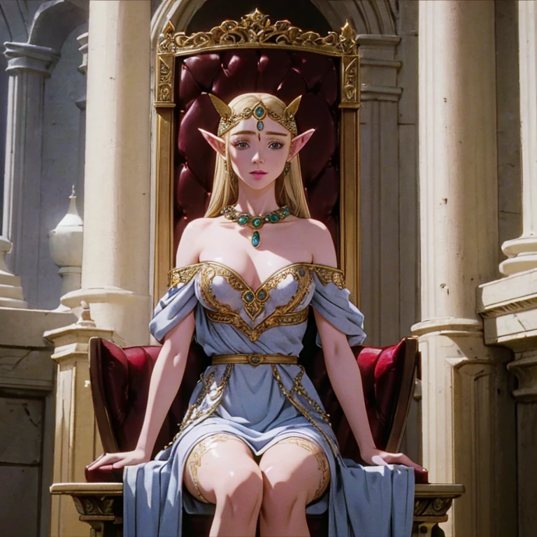 a beautiful blonde woman with elf ears and freckles, detailed face, detailed eyes, detailed lips, beautiful jeweled necklace, detailed and sensual body, large breasts, hourglass waist, Elf princess sitting on the throne, fantasy character, super detailed, highly detailed, photorealistic, 8k, intricate details, cinematic lighting, dramatic lighting, warm color tones, magical, ethereal