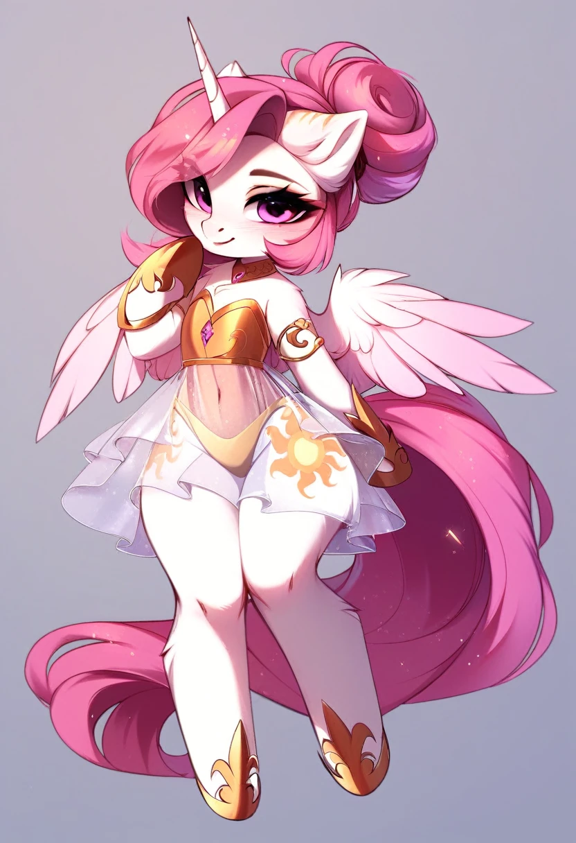 check_9, check_8_up, check_7_up, source_fluffy, rating_safe, from Magnaluna, Celestia poses seductively in a white bedroom, dark pink mane with gold stripes in it, hair bun with long bangs, pink eyes, white body, thick thighs, anthro, blushing, wearing peach colored see through dress, full body