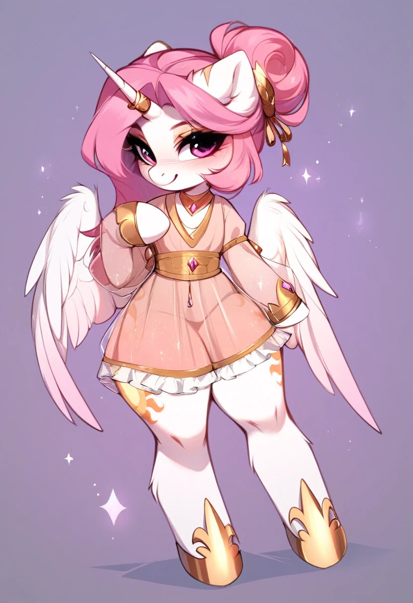 check_9, check_8_up, check_7_up, source_fluffy, rating_safe, from Magnaluna, Celestia poses seductively in a white bedroom, dark pink mane with gold stripes in it, hair bun with long bangs, pink eyes, white body, thick thighs, anthro, blushing, wearing peach colored see through dress, full body