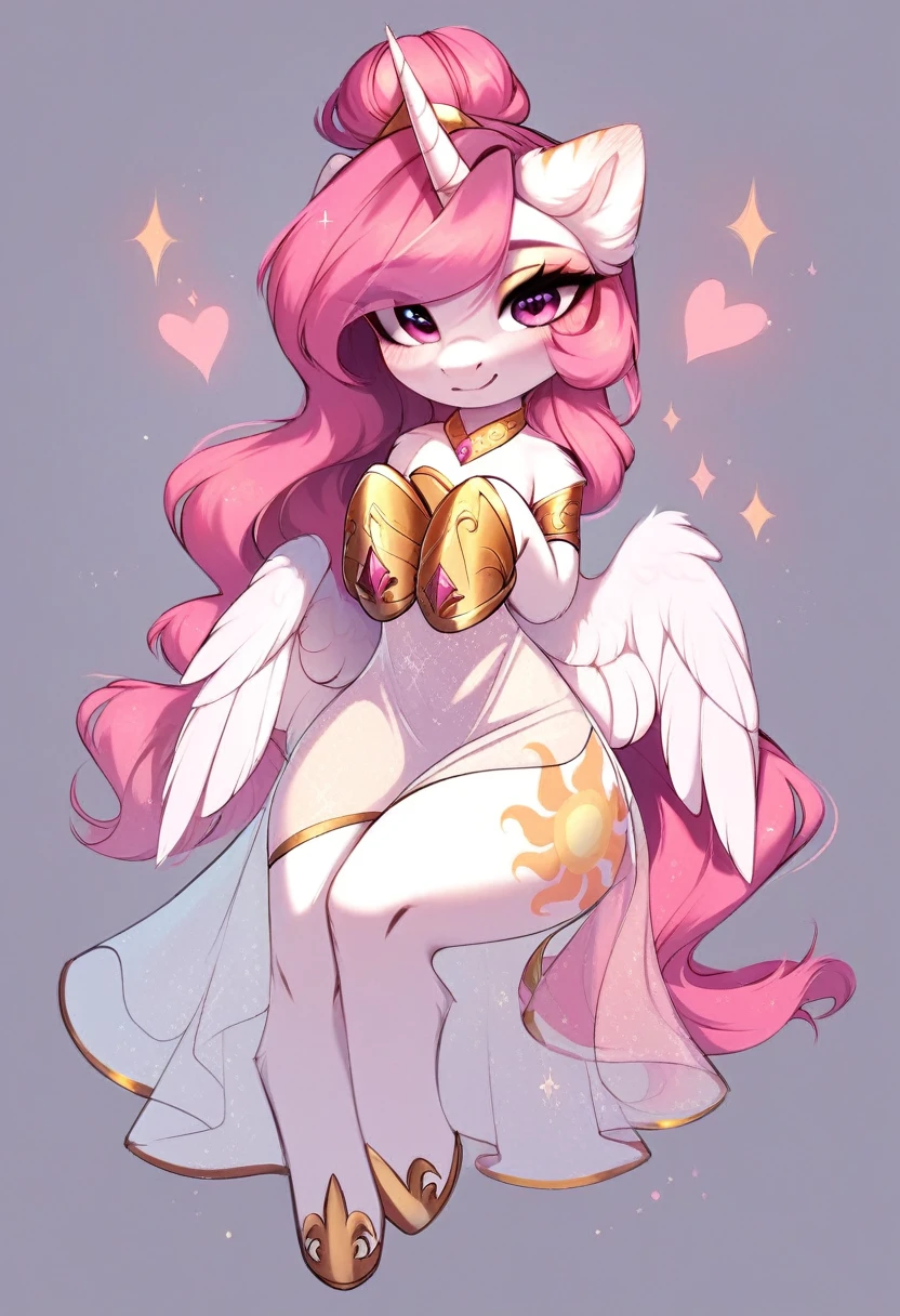 check_9, check_8_up, check_7_up, source_fluffy, rating_safe, from Magnaluna, Celestia poses seductively in a white bedroom, dark pink mane with gold stripes in it, hair bun with long bangs, pink eyes, white body, thick thighs, anthro, blushing, wearing peach colored see through dress, full body