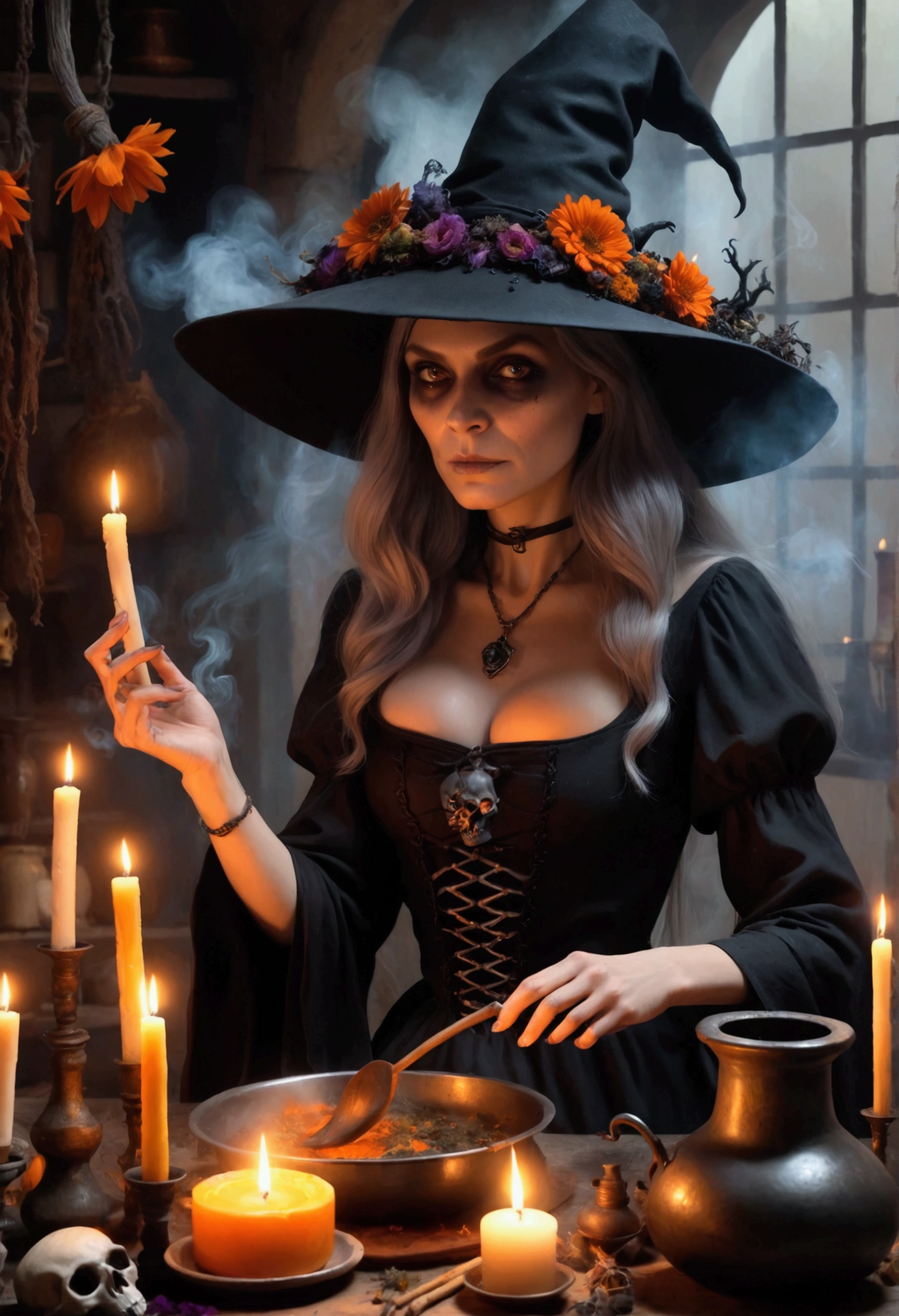 A painting of a witch in a hat with flowers, in the coven, cooking spells, among smokes, cauldron, black cat, skeletons, potions and spells, lit by old candles, detailed horror illustration in 4K, Realistic