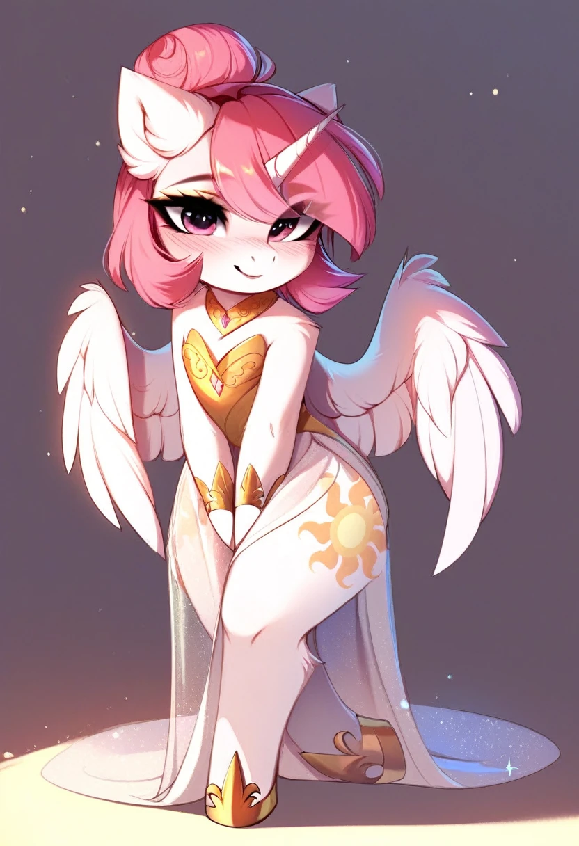 check_9, check_8_up, check_7_up, source_fluffy, rating_safe, from Magnaluna, Celestia poses seductively in a white bedroom, dark pink mane with gold stripes in it, hair bun with long bangs, pink eyes, white body, thick thighs, anthro, blushing, wearing peach colored see through dress, full body