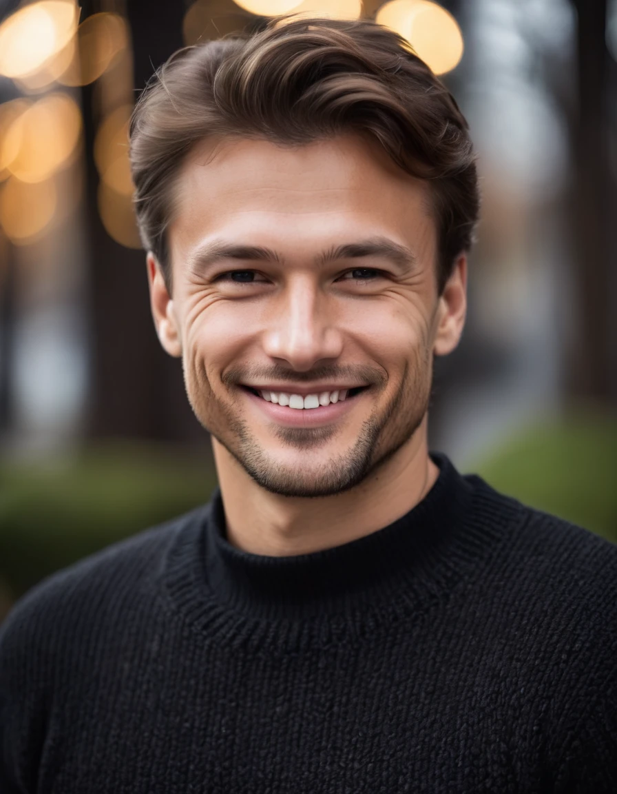 professional foto, closeup photo portrait of caucasian man, wearing a black sweater, discreet smile face, natural lighting, naturey, grimdark, cloudy weather, bokeh