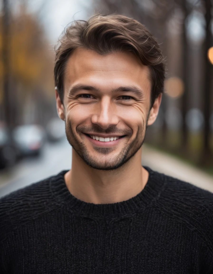 professional foto, closeup photo portrait of caucasian man, wearing a black sweater, discreet smile face, natural lighting, naturey, grimdark, cloudy weather, bokeh