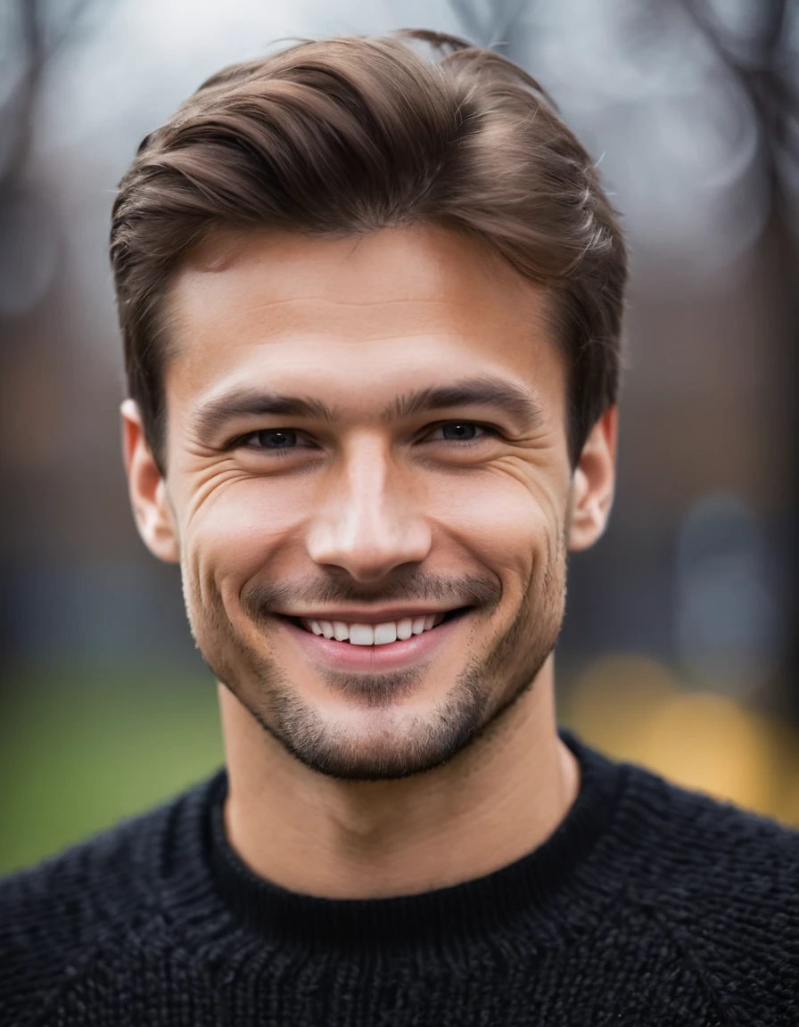 professional foto, closeup photo portrait of caucasian man, wearing a black sweater, discreet smile face, natural lighting, naturey, grimdark, cloudy weather, bokeh