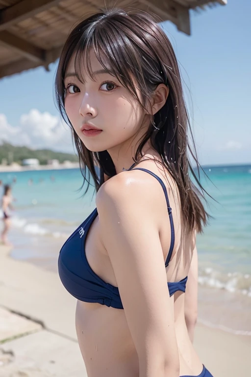 ,((Bust Shot))、Beautiful small breasts, Beautiful pink nipples、Japanese Girls, Swimwear、((Navy Swimwear made of see-through material)),Place your arms behind your back,Sea Beach, ((Soaking wet)) 、look、Low contrast denim lenses, (smile:0.8), Double Tail, Hair Ring, Shiny, Glowing Skin, Highest quality, Ultra-high resolution, Photorealism, Very detailed, 8k, RAW Photos, Masseter Film,((Bust Shot))、