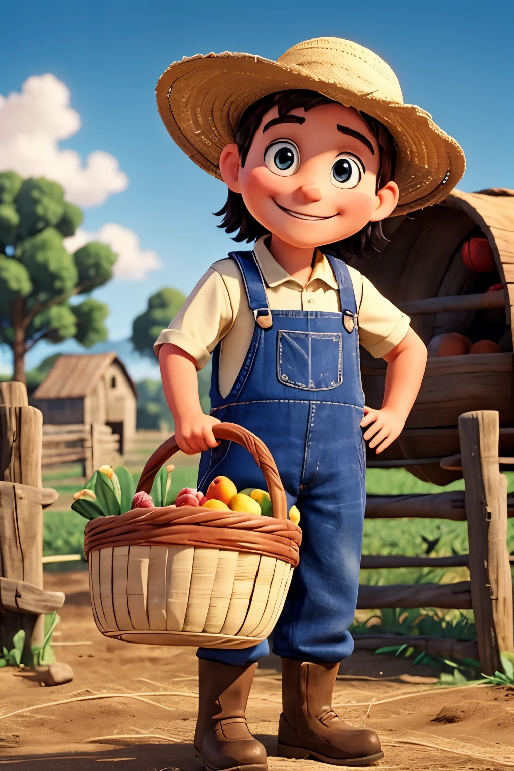 Farmer smiling and holding a basket and waving to the public