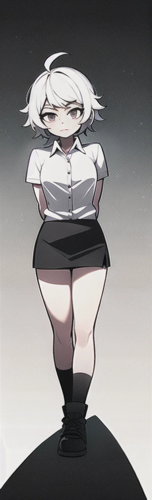((masterpiece, best quality)), (1girl), (solo), (female focus), (ahoge, white hair, short hair), black eyes, ((white shirt), (buttoned shirt)), ((black skirt), (short skirt)), standing, white background, arms behind back,((masterpiece, best quality)), (1girl), (solo), (female focus), (ahoge, white hair, short hair), black eyes, ((white shirt), (buttoned shirt)), ((black skirt), (short skirt)), standing, white background, arms behind back,head to toe,head to toe