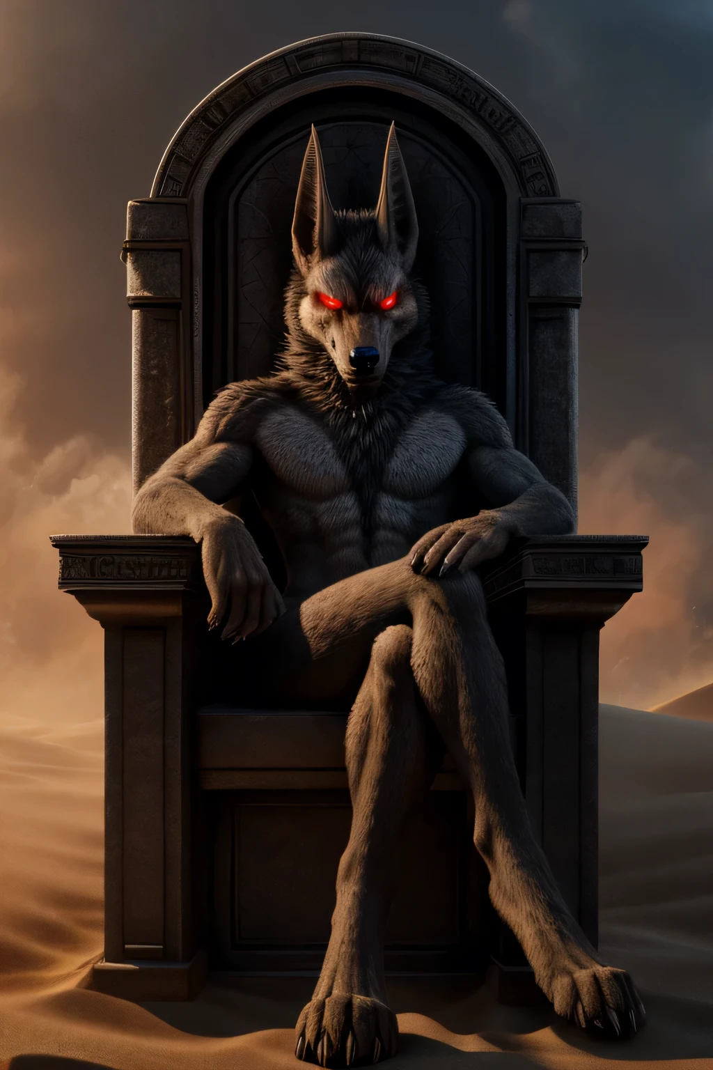 detailed, detailed eyes, detailed face, detailed hands, adult male, solo, anthro jackal, sitting in an throne with crossed legs, nude, naked, angry expression, angry look, grey fur, red eyes, glowing eyes, sand powers, imposing, full-length portrait,
