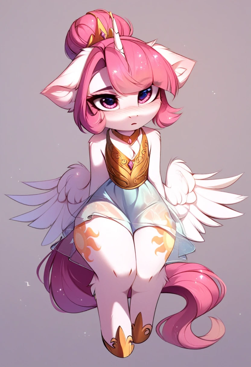 check_9, check_8_up, check_7_up, source_fluffy, rating_safe, from Magnaluna, Celestia poses seductively in a white bedroom, dark pink mane with gold stripes in it, hair bun with long bangs, pink eyes, white body, thick thighs, anthro, blushing, wearing peach colored see through dress, full body