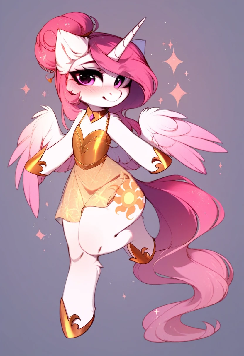 check_9, check_8_up, check_7_up, source_fluffy, rating_safe, from Magnaluna, Celestia poses seductively in a white bedroom, dark pink mane with gold stripes in it, hair bun with long bangs, pink eyes, white body, thick thighs, anthro, blushing, wearing peach colored see through dress, full body