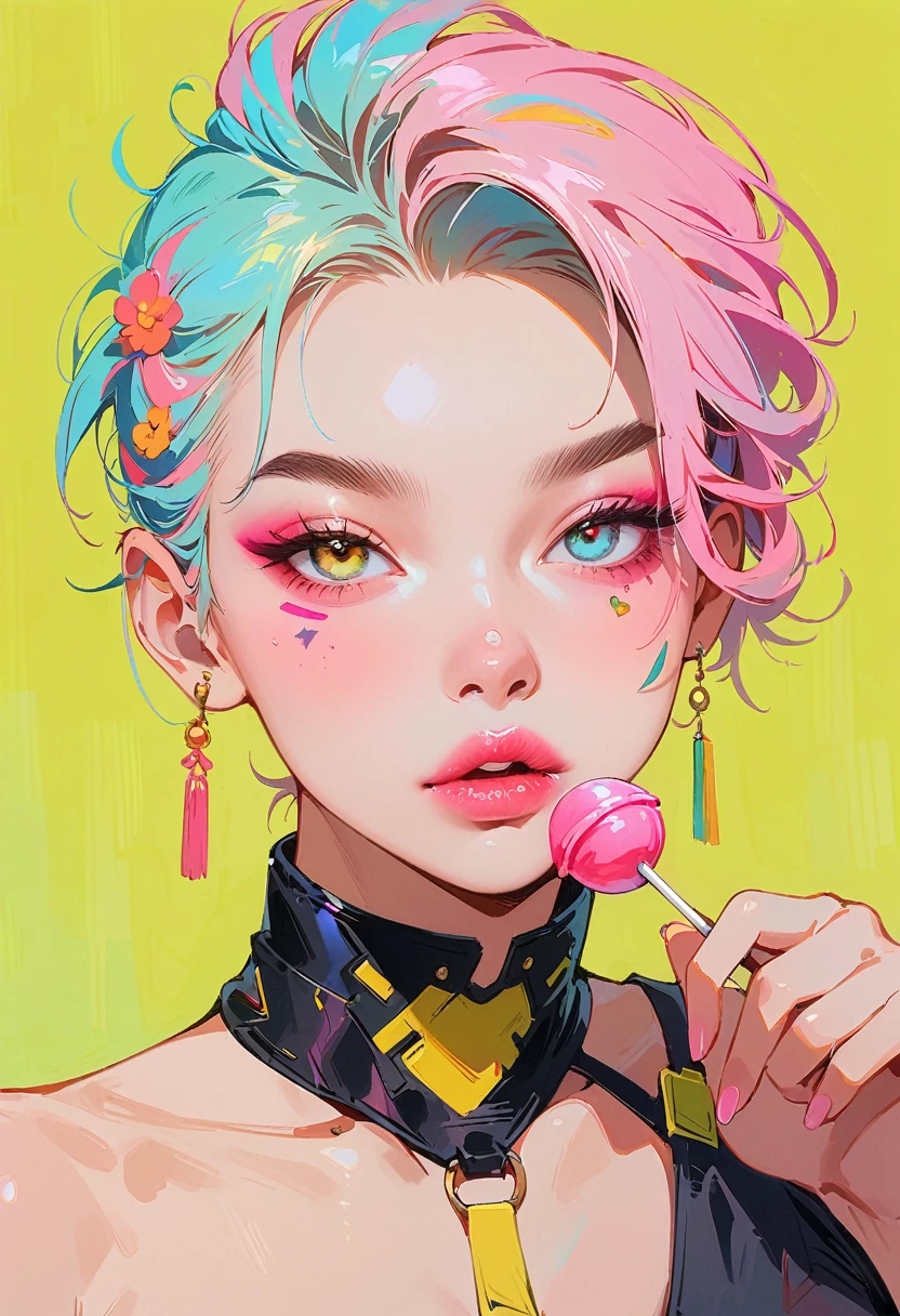 (masterpiece, best quality:1.2), 1 girl, 独奏, Anime style, Colored pupils, With a lollipop, lips pink, Cyberpunk style makeup, Pink lower eye shadow, Asymmetrical short hair, Asymmetrical short hairstyle, Long bangs on one side, Highlights, Pure yellow background.