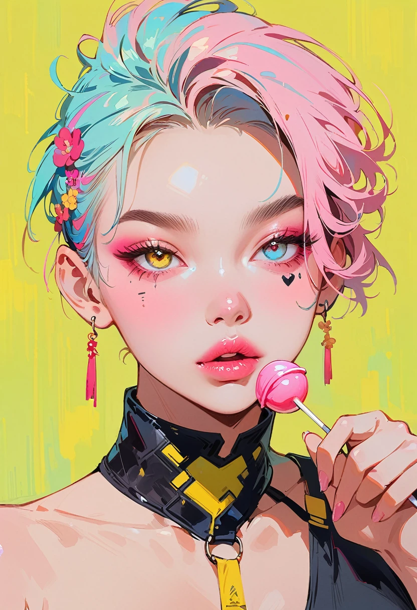 (masterpiece, best quality:1.2), 1 girl, 独奏, Anime style, Colored pupils, With a lollipop, lips pink, Cyberpunk style makeup, Pink lower eye shadow, Asymmetrical short hair, Asymmetrical short hairstyle, Long bangs on one side, Highlights, Pure yellow background.