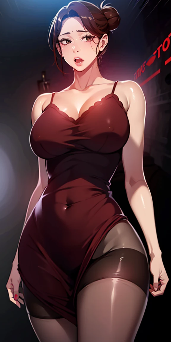 Hyper realistic super detailed sexy (Aunt June (Secret Class)), Very detailed, expressions faciales sexy, seductive facial expressions, [:(Face detail: 1.4): 0.4], 16K resolution, 4k resolution, dinamic lighting, High definition resolution, (hyper realistic: 1.4),(contrasting background: 1.5), (Anatomy of the hyperrealistic arm), (Hyperrealistic anatomy of the legs), (peau propre), (lighting cinematic: 1.7), (intime), (Technologie NVIDIA RTX Ray Tracing), (Anatomy of the hyperrealistic arm: 2), (Ventre plat parfait), (image couleur),  (Aunt June (Secret Class)), medium breasts , mature female, horny ,16k, glowing eyes, detailed 4k eyes, seduction,sexy lips, parted lips,detailed lips, red lips, high, ((big purple eyes)), detailed face, shiny skin, auntjunev3, auntjune, hair bun, bangs, messy hair ,  medium breasts, brown pantyhose, pantyhose, thighs, dress, red dress, sleeveless dress, collarbone, looking at viewer , masterpiece, best quality, highly detailed, desire, blush, perfect hands, blush, shy, tight gap, skindentation