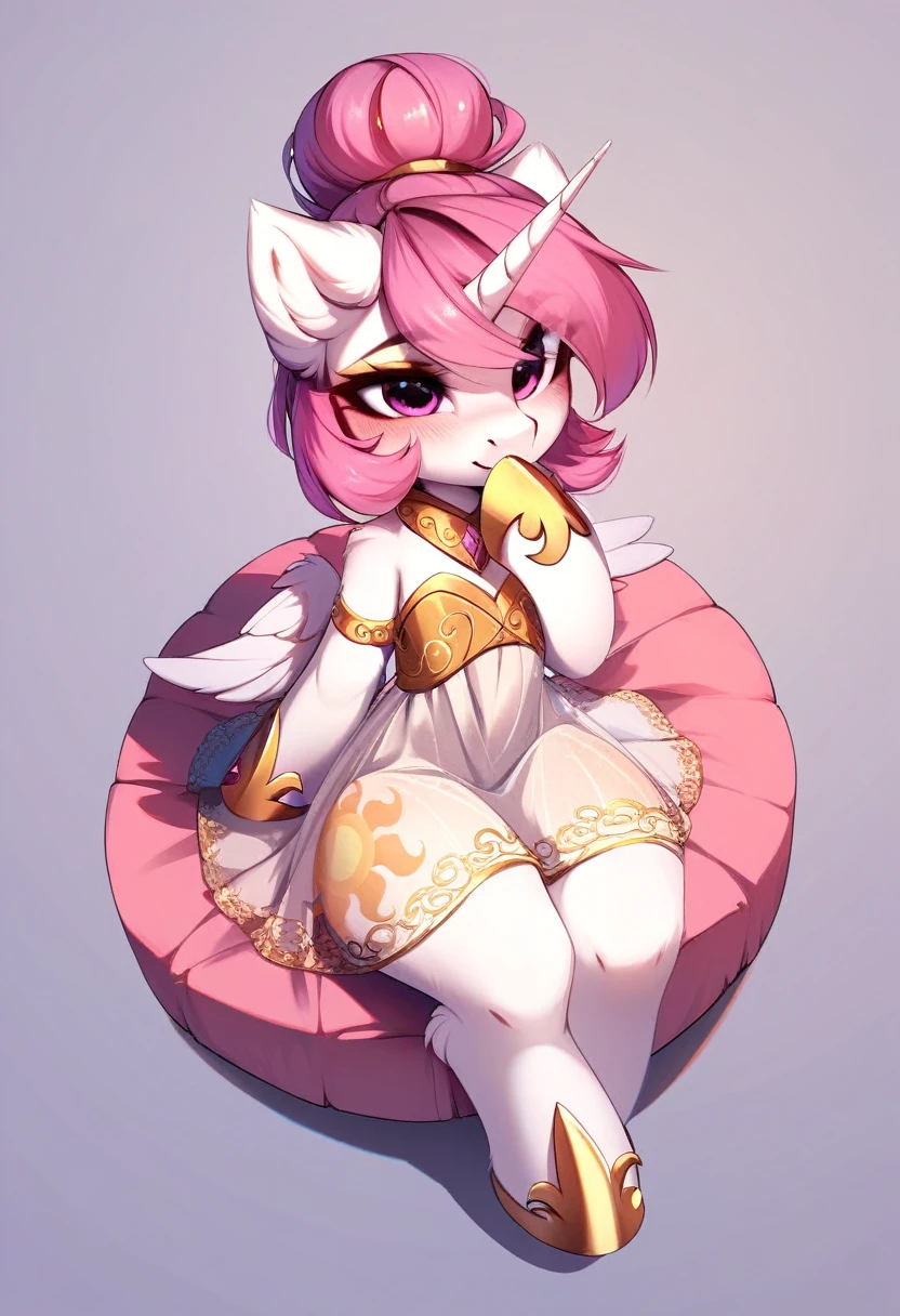 check_9, check_8_up, check_7_up, source_fluffy, rating_safe, from Magnaluna, Celestia poses seductively in a white bedroom, dark pink mane with gold stripes in it, hair bun with long bangs, pink eyes, white body, thick thighs, anthro, blushing, wearing peach colored see through dress, full body