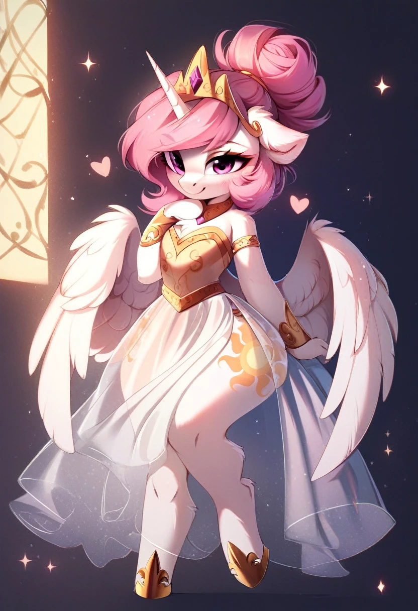 check_9, check_8_up, check_7_up, source_fluffy, rating_safe, from Magnaluna, Celestia poses seductively in a white bedroom, dark pink mane with gold stripes in it, hair bun with long bangs, pink eyes, white body, thick thighs, anthro, blushing, wearing peach colored see through dress, full body