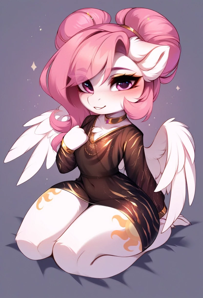 check_9, check_8_up, check_7_up, source_fluffy, rating_safe, from Magnaluna, Celestia poses seductively in a white bedroom, dark pink mane with gold stripes in it, hair bun with long bangs, pink eyes, white body, thick thighs, anthro, blushing, wearing peach colored see through dress, full body