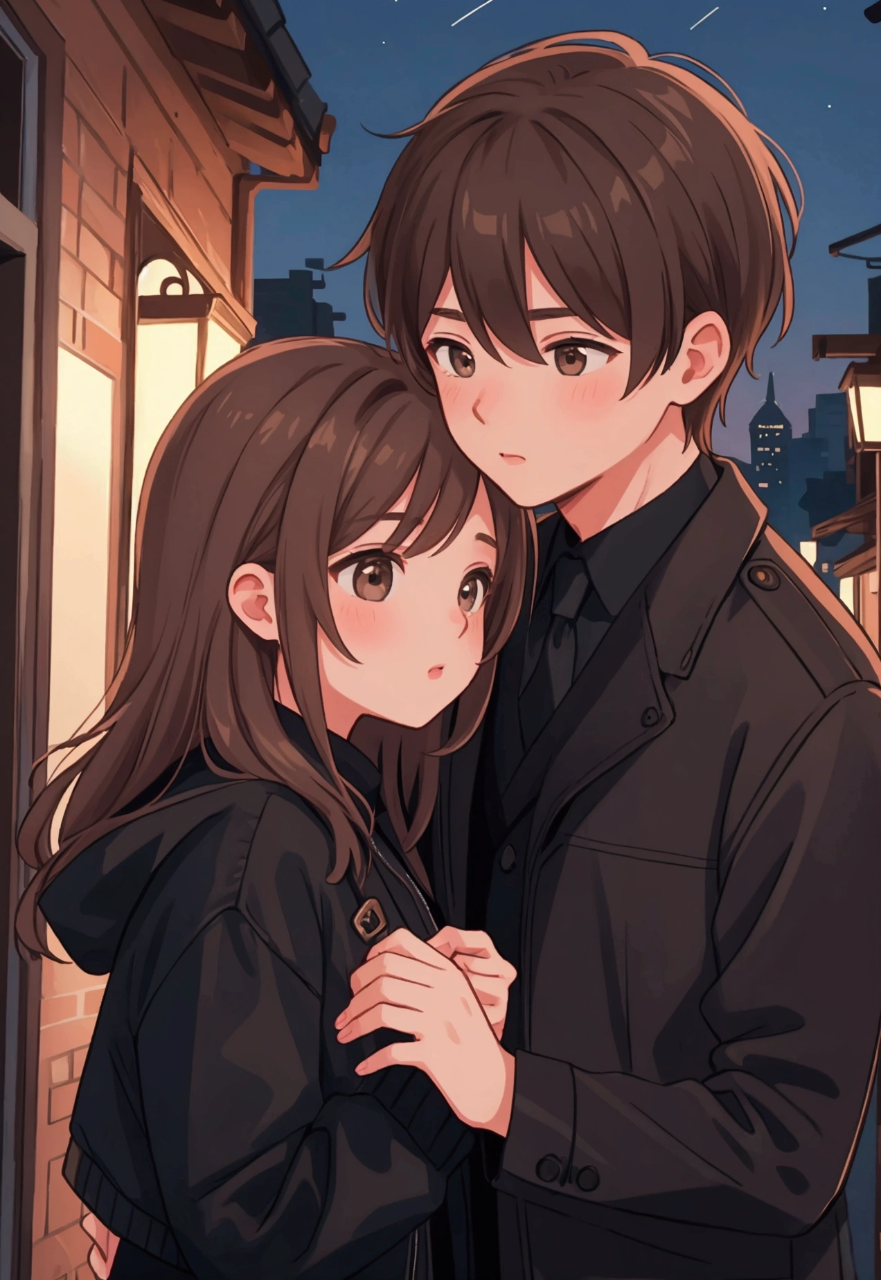 a couple kissing , male and female, brown hair, night time, black jacket
