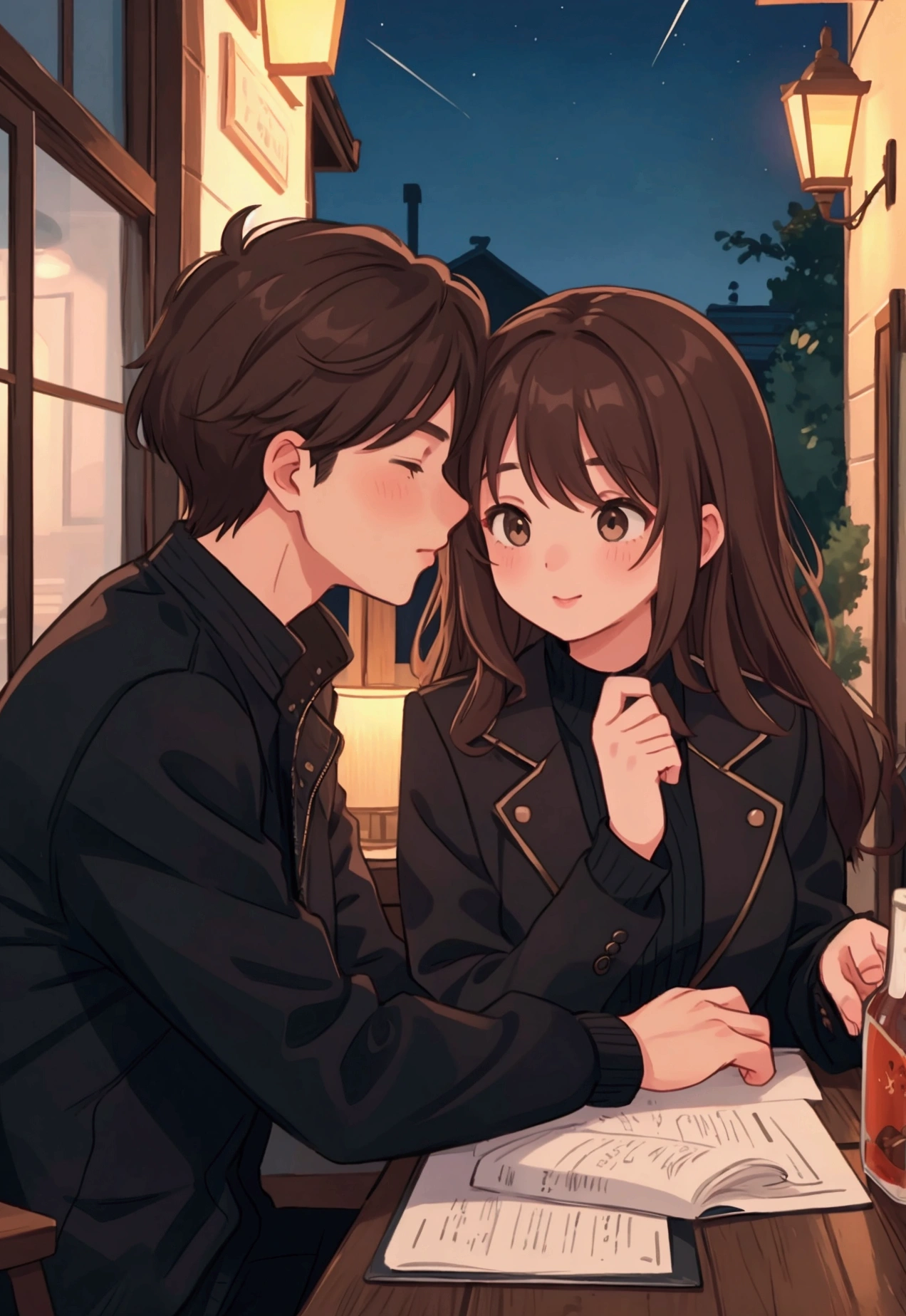 a couple kissing , male and female, brown hair, night time, black jacket
