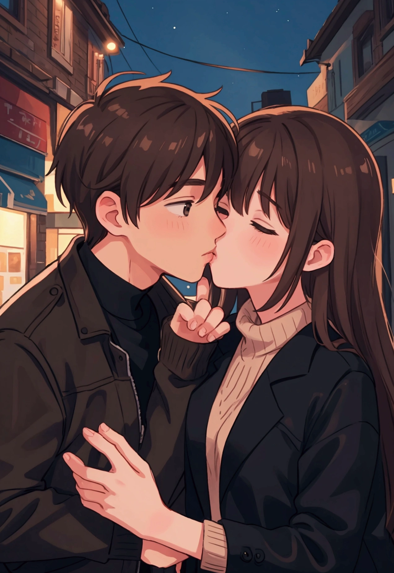 a couple kissing , male and female, brown hair, night time, black jacket