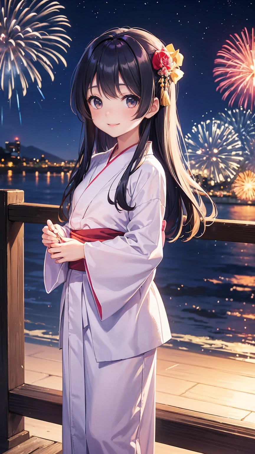 very cute. , girl, Long Straight Hair, Beautiful yukata. Night Sky, Countless fireworks, smile.