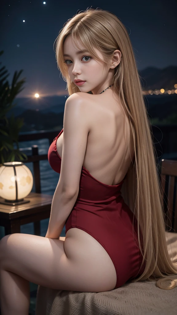 full hd 8k, Girl standing in front of a dark night scene, full moonlight reflecting on her beautiful face. ((from back)), Her long, silky hair was gently blown by the night wind, creating a gentle and romantic feeling. She is sitting position. She looked up at the starry sky, as if searching for something, her eyes showing a pensive and  look. The full moon shines in the night sky creating a beautiful scene. The girl has long, strands of hair,  Light blonde hair, a luxurious and noble beauty. The moonlight shines on the girl's delicate face, highlighting her large, round light brown eyes, creating a natural, gentle beauty. She wore a sexyly mini red dress to create a sexy beauty. Her plumble breasts were exposed, revealing her plumble and extremely sexy breasts. These images capture detailed panoramic portraits and views of the sky and sea. All create a beautiful, wonderful picture that makes people unable to take their eyes off the scene. All of these details are depicted clearly and sharply, creating sexyly poses,