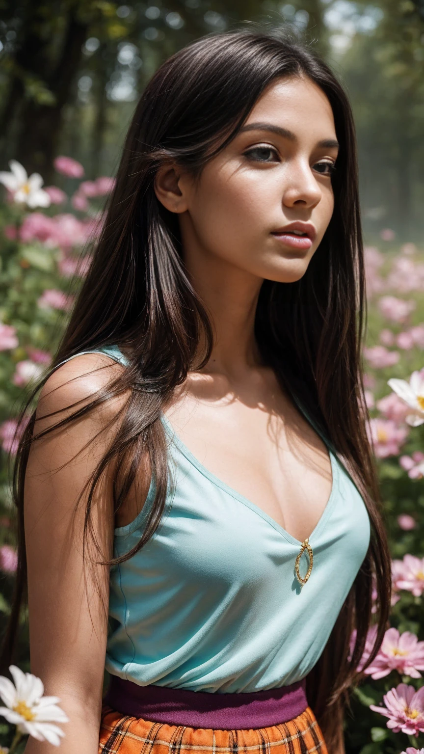 A beautiful young woman stands amidst a swirl of vibrant, oversized flowers. She wears a short orange and black plaid mini skirt that flutters in the breeze, paired with a stylish striped shirt. Her long, dark hair flows dramatically behind her, caught in the same wind. The image is saturated with color and high in contrast, with the woman and flowers in sharp focus and bathed in bright light. Behind her, a dreamy mist softens the background, adding depth and mystery. Her face is clearly visible and well-defined, capturing her captivating expression as she's surrounded by the lush, detailed flora.Create a stunning and ethereal portrait of a young woman surrounded by magical elements: Subject: - Beautiful young woman with delicate features - Soft, flowing hair that seems to blend with the magical atmosphere - Serene and slightly mysterious expression - Eyes that reflect wonder and enchantment Magical Elements: - Shimmering, iridescent sparkles floating around her - Swirling trails of magical stardust - Glowing particles of varying sizes creating a dreamy atmosphere - Subtle, translucent magical aura surrounding the woman Lighting and Colors: - Soft, ethereal lighting that seems to emanate from within the scene - A harmonious blend of cool and warm tones - Main color palette: purples, blues, and pinks with touches of gold - Gentle highlights accentuating the woman's features and the magical elements Composition and Style: - Close-up portrait, focusing on the woman's face and upper body - Magical elements should frame the subject without overpowering her - Slightly blurred background to create depth and focus on the foreground - Painterly style with soft edges and smooth transitions between elements Mood and Atmosphere: - Dreamy and enchanting - Sense of wonder and magic - Peaceful yet captivating Technical Aspects: - High contrast between the glowing elements and darker areas - Rich, saturated colors for a vibrant and eye-catching image - Sharp focus on key features l