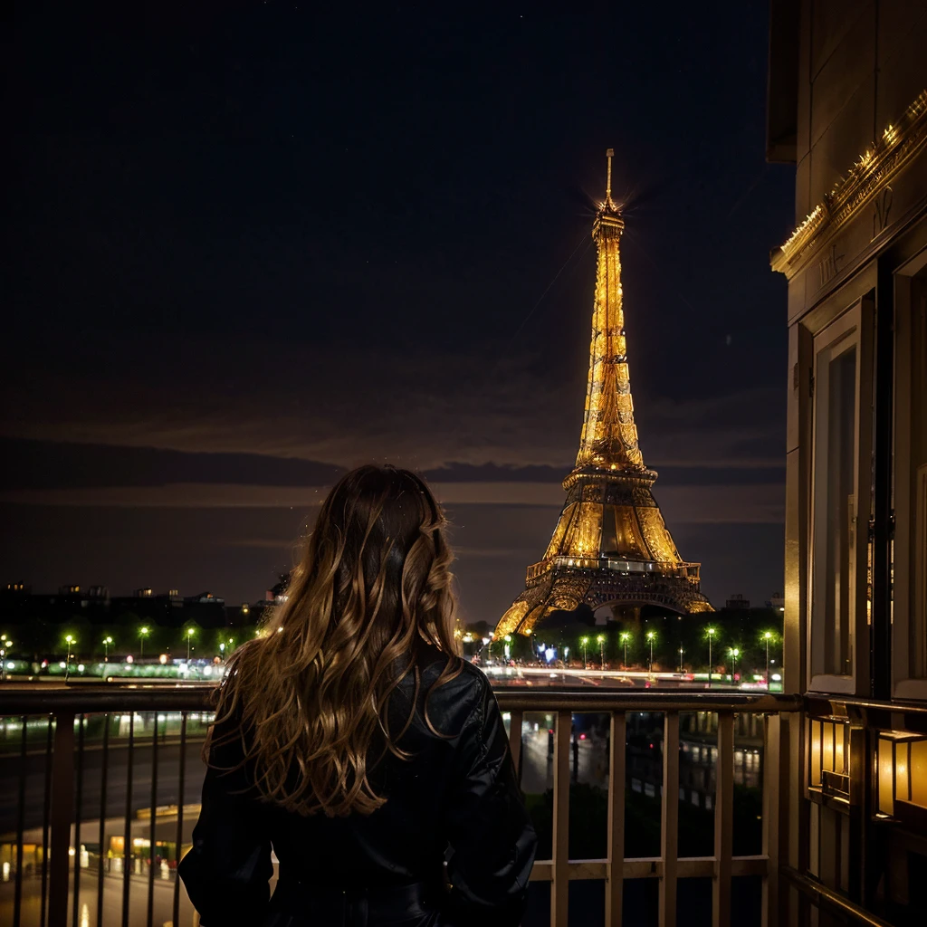 Nighttime photograph featuring the Eiffel Tower illuminated in golden lights against a dark sky. The layout is vertical, with the Eiffel Tower centered in the background. In the foreground, there is a person with long, wavy blonde hair, wearing a black outfit, facing away from the camera and looking towards the tower. The person's facial features are not visible. The overall scene captures a serene and picturesque moment in Paris.