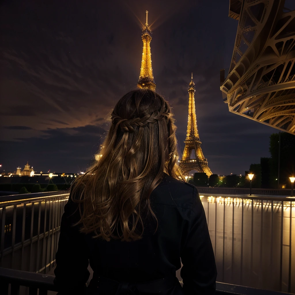 Nighttime photograph featuring the Eiffel Tower illuminated in golden lights against a dark sky. The layout is vertical, with the Eiffel Tower centered in the background. In the foreground, there is a person with long, wavy blonde hair, wearing a black outfit, facing away from the camera and looking towards the tower. The person's facial features are not visible. The overall scene captures a serene and picturesque moment in Paris.