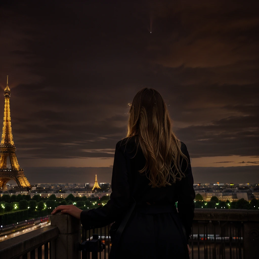 Nighttime photograph featuring the Eiffel Tower illuminated in golden lights against a dark sky. The layout is vertical, with the Eiffel Tower centered in the background. In the foreground, there is a person with long, wavy blonde hair, wearing a black outfit, facing away from the camera and looking towards the tower. The person's facial features are not visible. The overall scene captures a serene and picturesque moment in Paris.
