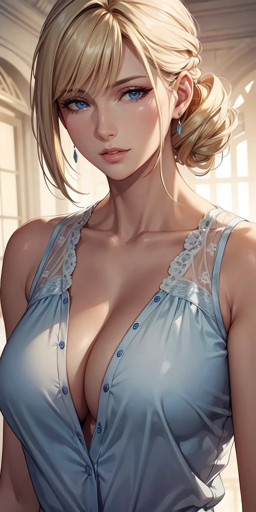 Elegant mature woman, milf, blue eyes, blonde hair, soft light, 4k resolution, high quality, beautiful cg