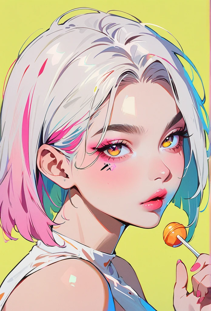 (masterpiece, best quality:1.2), 1 girl, solo, Anime style, Colored pupils, With a lollipop, lips pink, Cyberpunk style makeup, Pink lower eye shadow, Asymmetrical short hair, Asymmetrical short hairstyle, Long bangs on one side, Highlights, Pure yellow background.