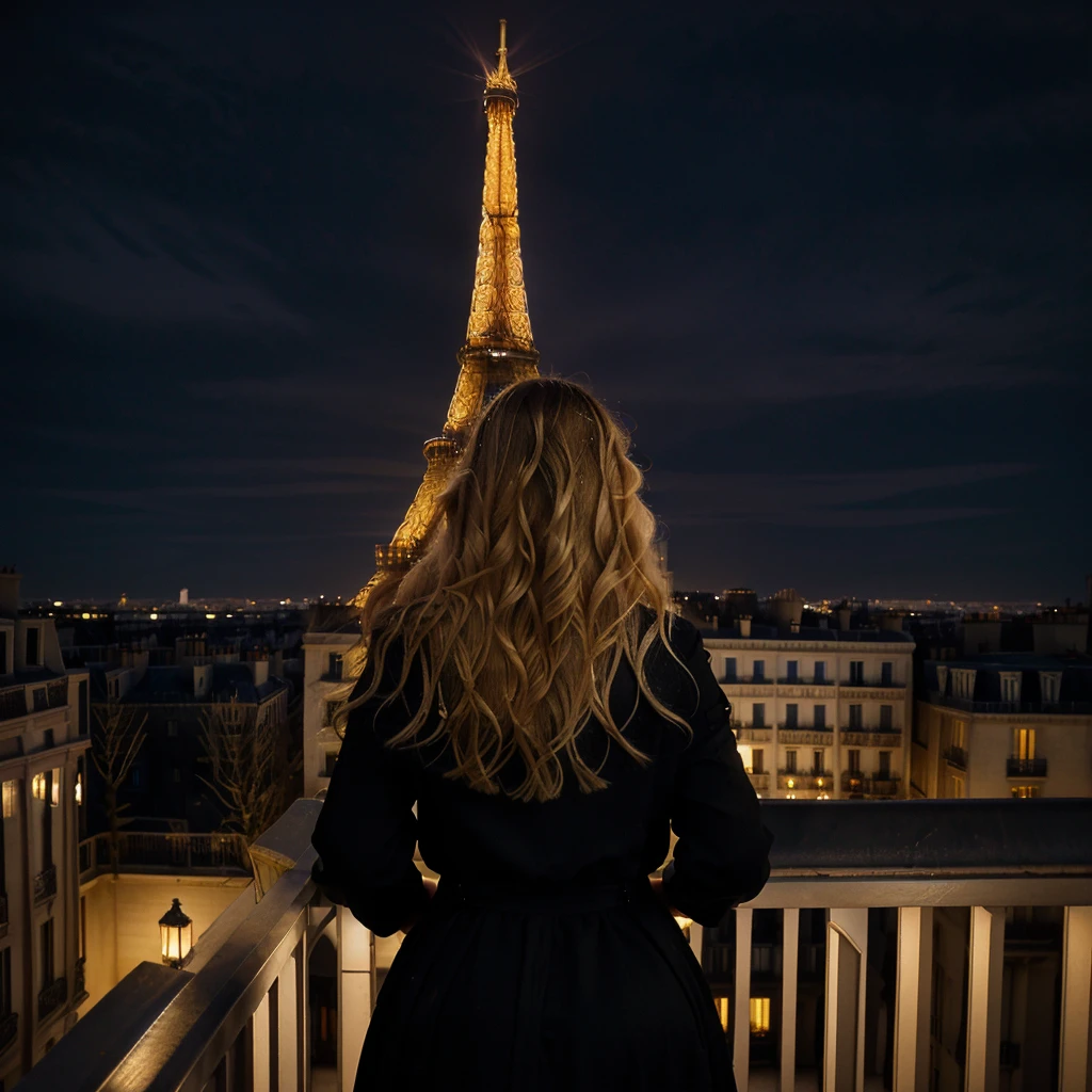 Nighttime photograph featuring a woman with long, wavy blonde hair, wearing a black dress, standing on a balcony. She is facing away from the camera, looking towards the illuminated Eiffel Tower in the distance. The scene is set in an urban environment with classic Parisian architecture, including a multi-story building with balconies and ornate details on the left. The sky is dark, and the Eiffel Tower is brightly lit, creating a striking contrast against the night. The overall mood is serene and contemplative.
