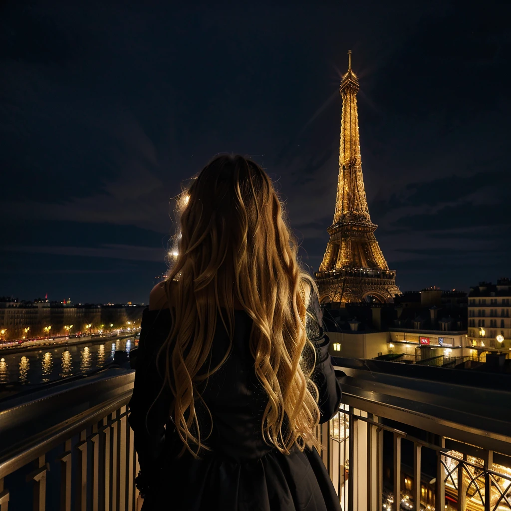 Nighttime photograph featuring a woman with long, wavy blonde hair, wearing a black dress, standing on a balcony. She is facing away from the camera, looking towards the illuminated Eiffel Tower in the distance. The scene is set in an urban environment with classic Parisian architecture, including a multi-story building with balconies and ornate details on the left. The sky is dark, and the Eiffel Tower is brightly lit, creating a striking contrast against the night. The overall mood is serene and contemplative.