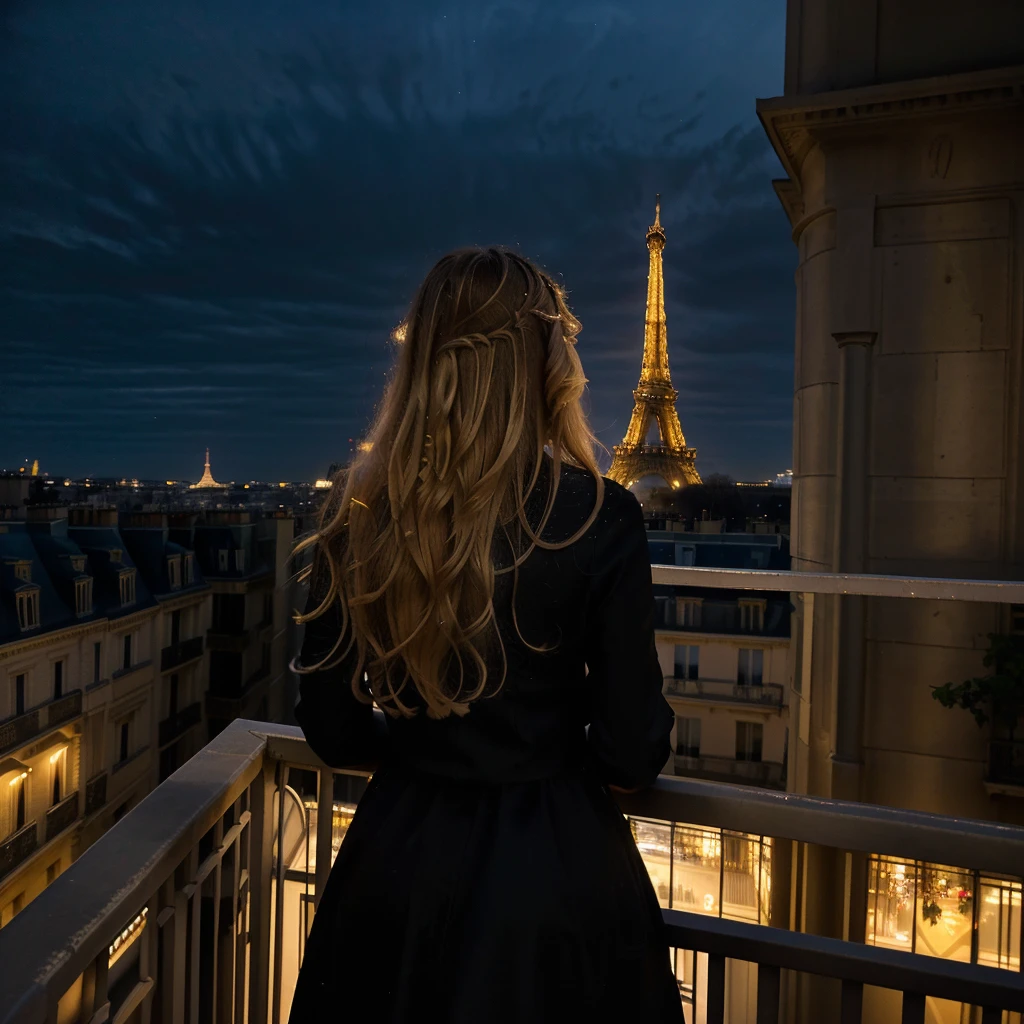 Nighttime photograph featuring a woman with long, wavy blonde hair, wearing a black dress, standing on a balcony. She is facing away from the camera, looking towards the illuminated Eiffel Tower in the distance. The scene is set in an urban environment with classic Parisian architecture, including a multi-story building with balconies and ornate details on the left. The sky is dark, and the Eiffel Tower is brightly lit, creating a striking contrast against the night. The overall mood is serene and contemplative.