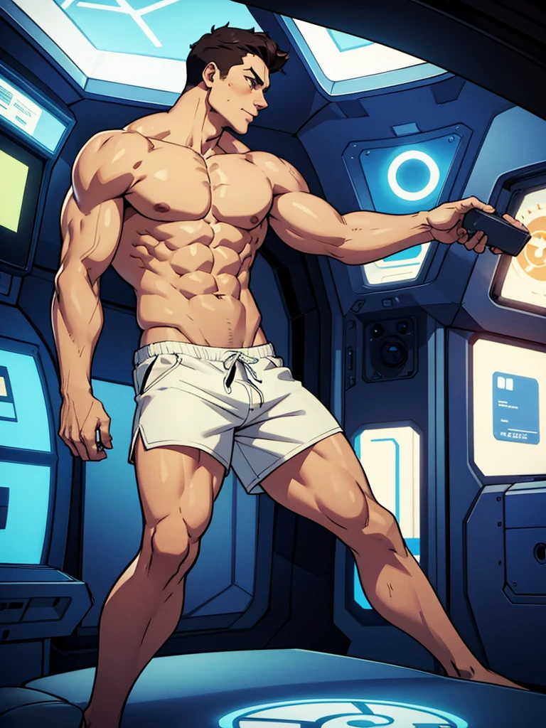 In a spaceship, hot daddy, shirtless, muscular, shorts