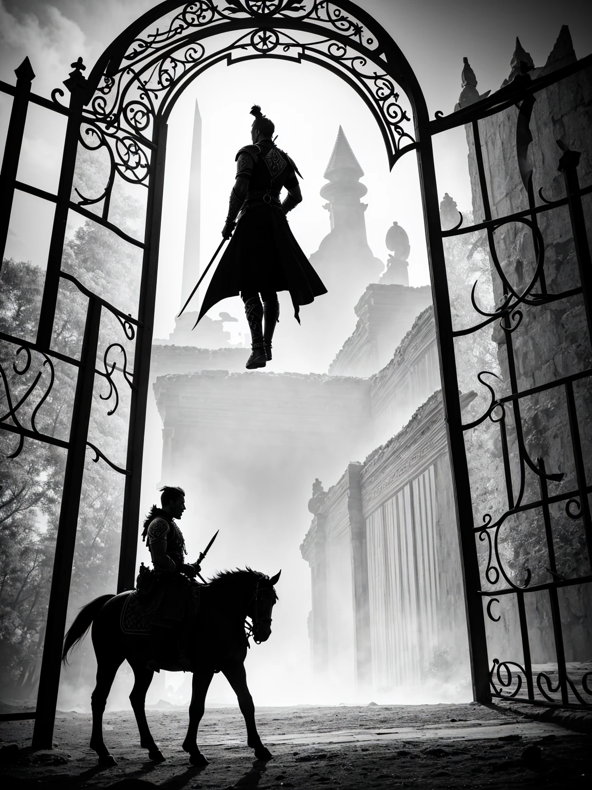 the silhouette of a warrior from far away at the gate to Valgala. Scandinavian motif. black and white. general plan tattoo