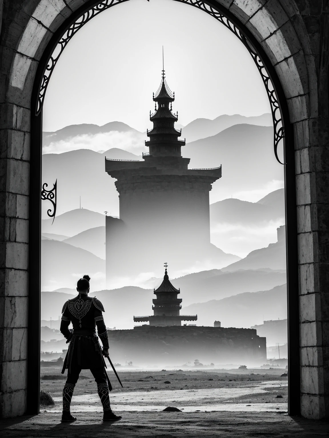 the silhouette of a warrior from far away at the gate to Valgala. Scandinavian motif. black and white. general plan tattoo