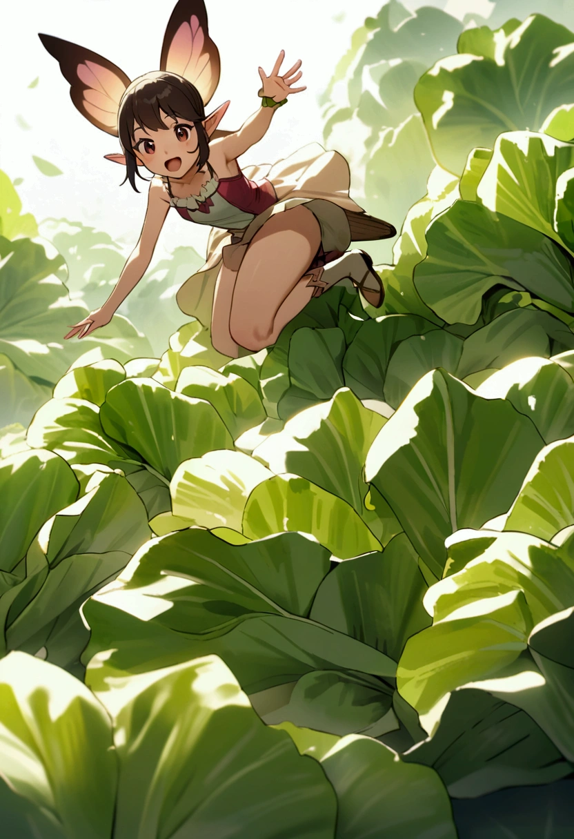 a  fairy flying over a pile of Lettuce , holding one Lettuce on her hand
