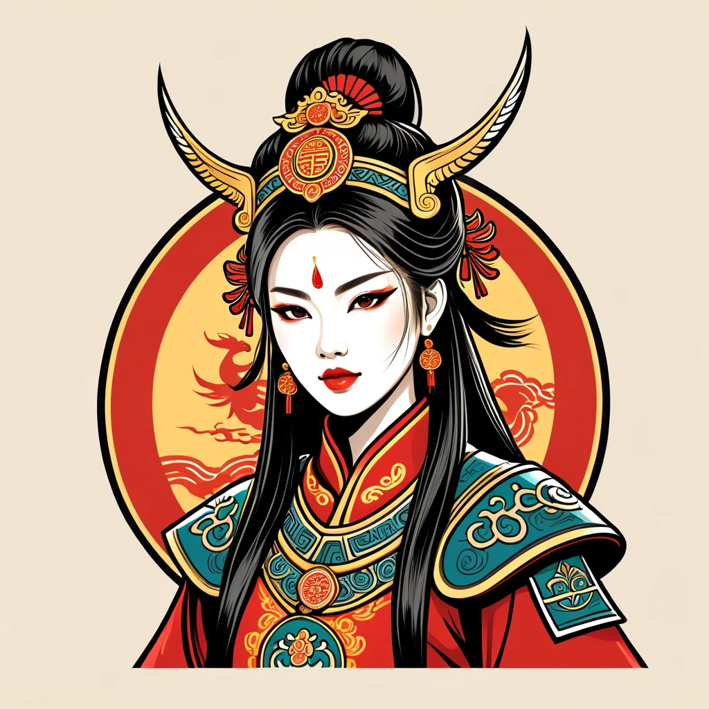 female warlord in chinese folk outfit, vector graphics, strong contours, logo design