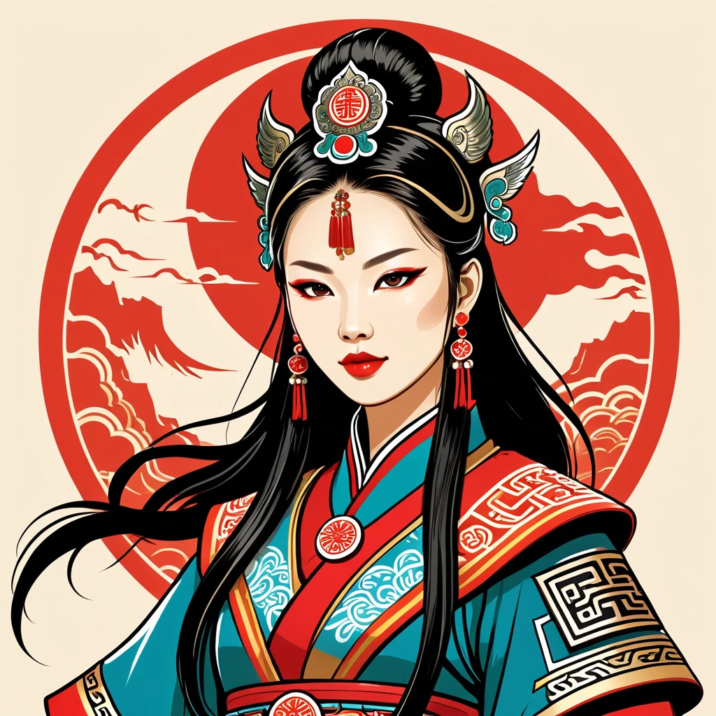 female warlord in chinese folk outfit, vector graphics, strong contours, logo design