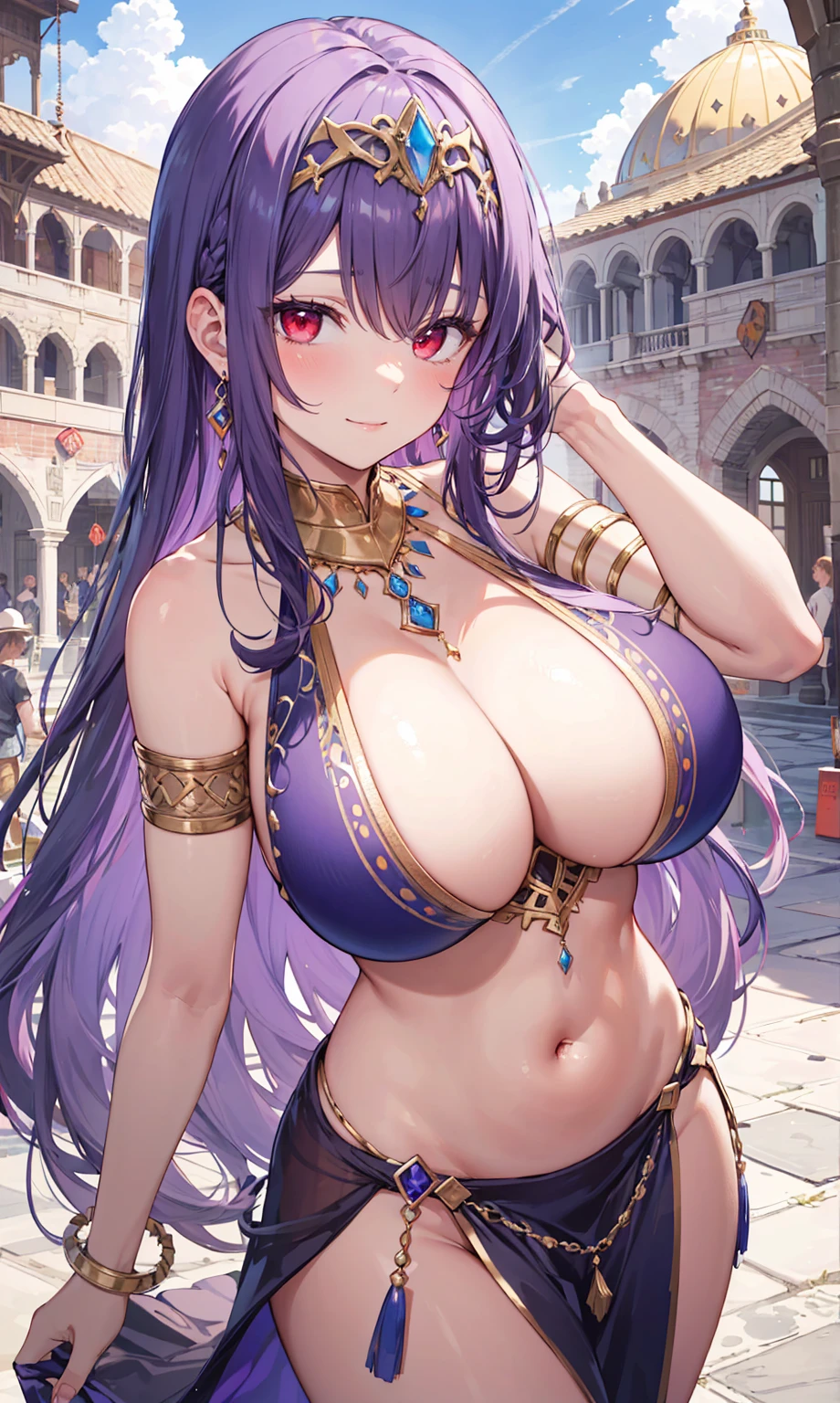 high quality, ultra detailed, best quality, insanely detailed, beautiful, masterpiece, 1girl, medieval plaza, cowboy shot, red eyes, long hair, purple hair, belly dancer, circlet, earrings, armlets, bracelets, bashful smile, large breasts, cleavage, soft stomach