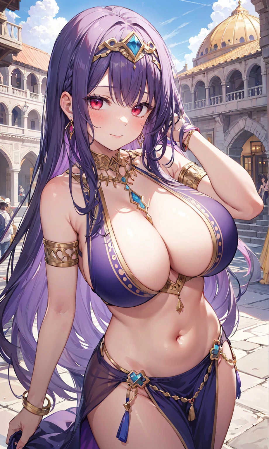 high quality, ultra detailed, best quality, insanely detailed, beautiful, masterpiece, 1girl, medieval plaza, cowboy shot, red eyes, long hair, purple hair, belly dancer, circlet, earrings, armlets, bracelets, bashful smile, large breasts, cleavage, soft stomach