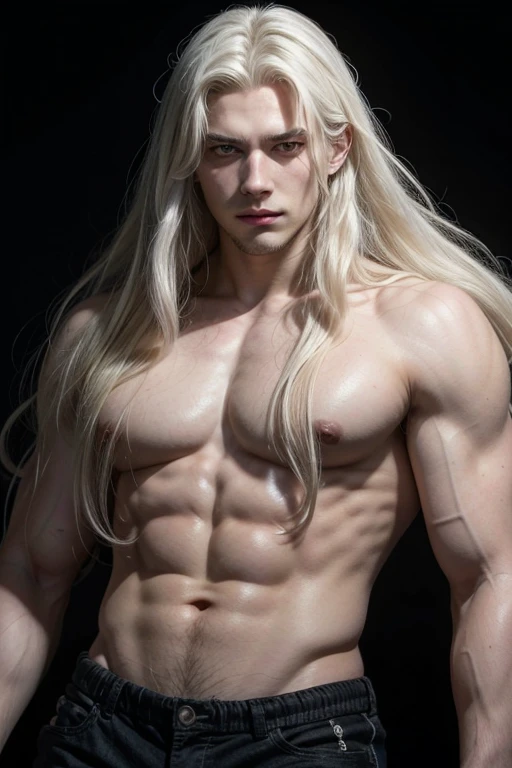 young handsome man with long white hair that reaches his shoulders with his yellow eyes and his arms have dragon scales