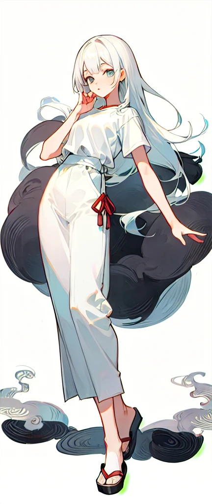 ((4k,masterpiece,best quality)), shuimobysim, traditional chinese ink painting,
1 girl, solo, white hair, long hair, white, white t-shirt tshirt, white background, standing,standing, full body, full body, simple background