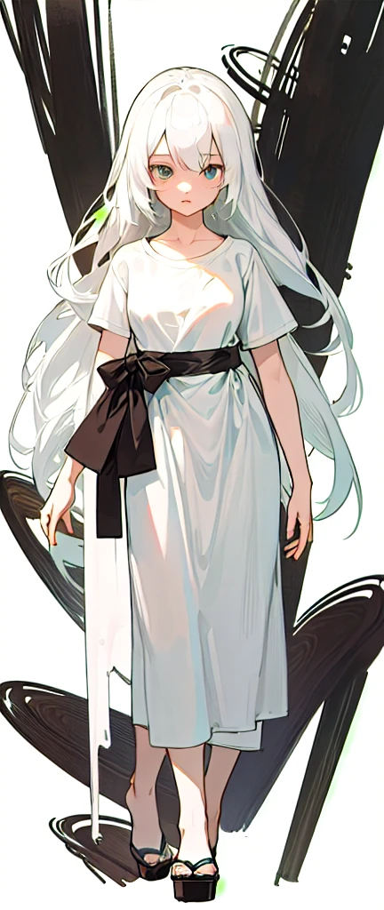 ((4k,masterpiece,best quality)), shuimobysim, traditional chinese ink painting,
1 girl, solo, white hair, long hair, white, white t-shirt tshirt, white background, standing,standing, full body, full body, simple background