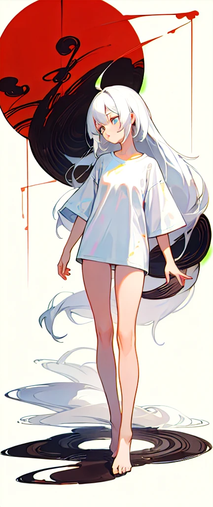 ((4k,masterpiece,best quality)), shuimobysim, traditional chinese ink painting,   
1 girl, solo, white hair, long hair, white, white t-shirt tshirt, white background, ｓｔａｎｄｉｎｇ,standing, full body, full body, simple background