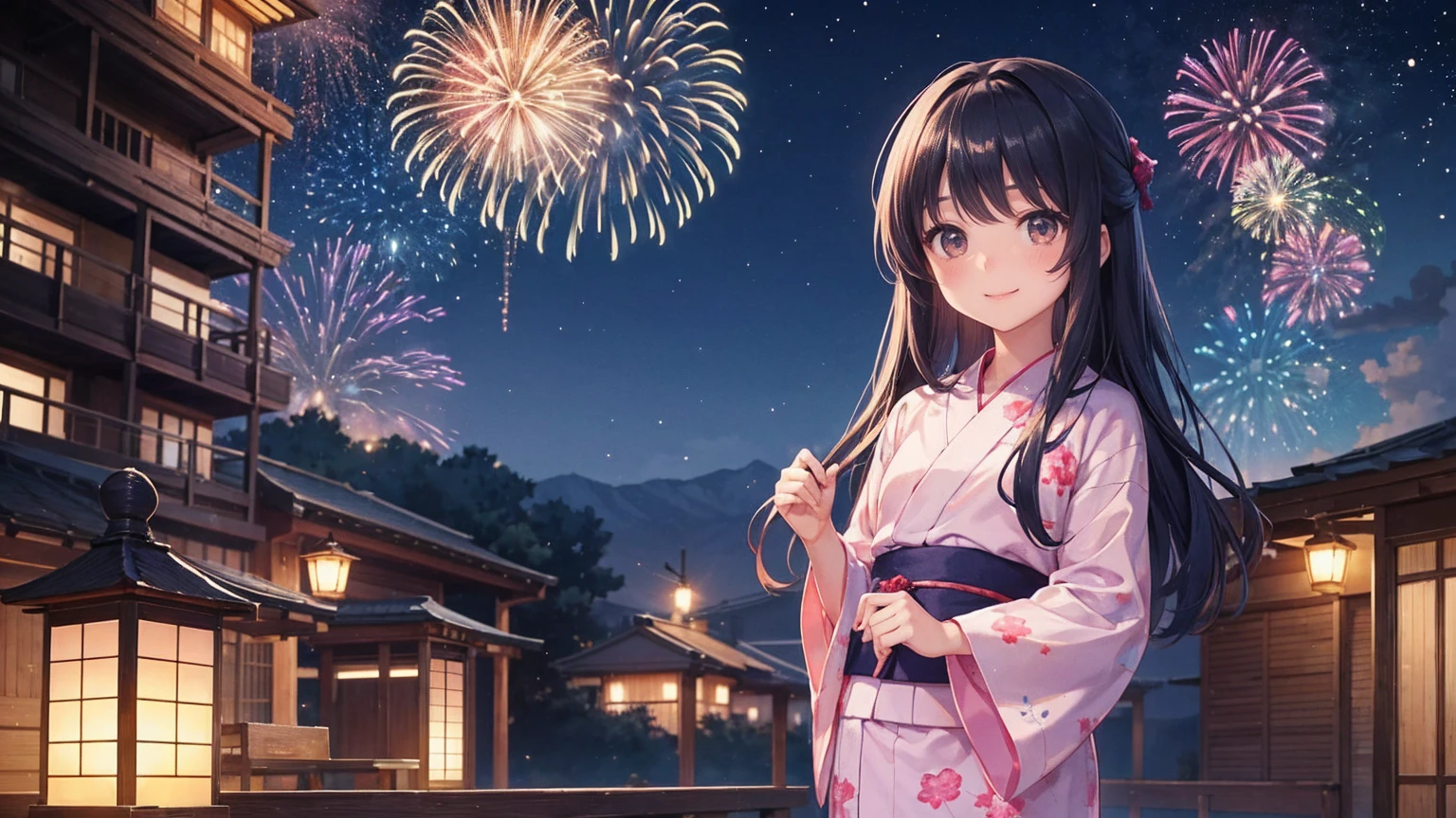 very cute. , girl, Long Straight Hair, Beautiful yukata. Night Sky, Countless fireworks, smile.