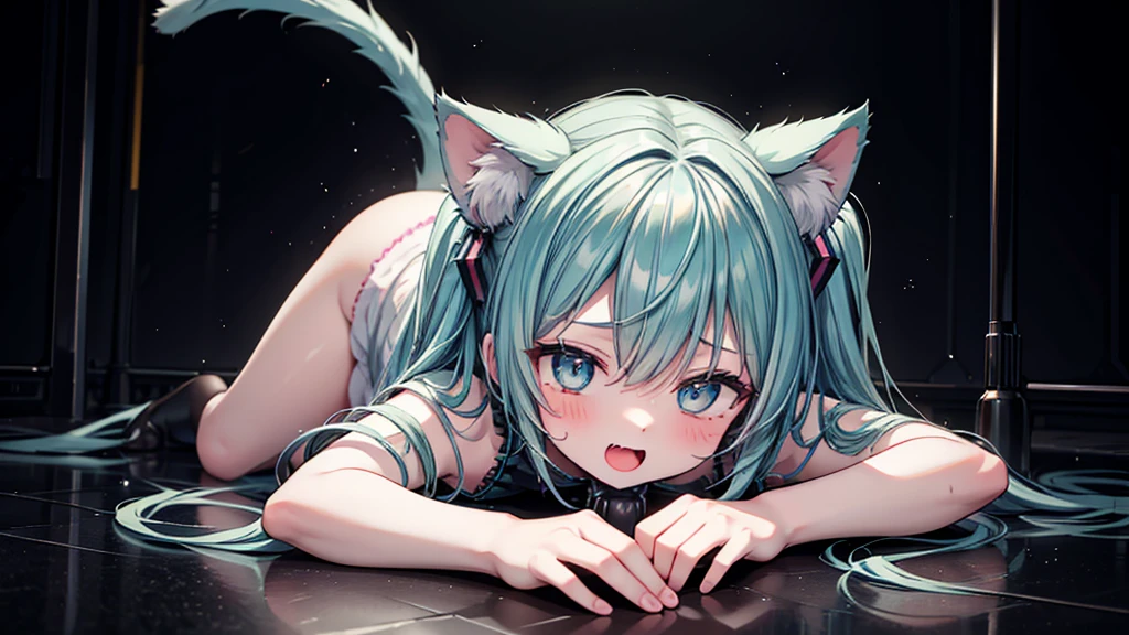  1girl,Katnip, laughing hysterically, feral, bad kitty, screamer, scary cat, hiss, catnip, Hatsune Miku,