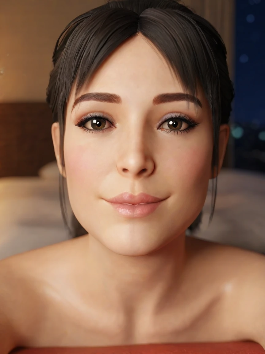 score_9_up, score_8_up, score_7_up, source_3d, blender 3d, detailed 3d, nsfw, detailed body, looking at viewer, pov, realistic, solo focus, soft smile, face focus, close up, solo focus, background bedroom, (at night, dark, blurry background), (realistic, cinematic, high quality, photorealistic, best quality, ultra detailed), hinataSDXL